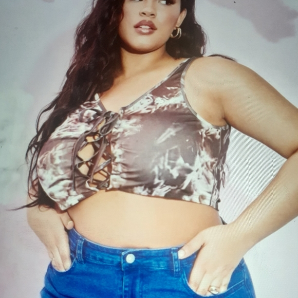 Shein curve plus tie dye brown white laced up crop tank top 4xl - Picture 1 of 3